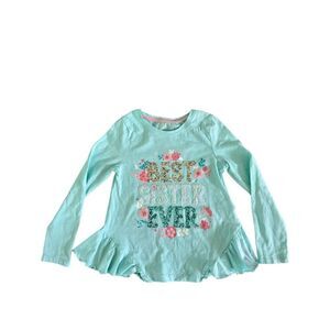 Tommy Bahama Best Sister Ever Sequin Teal Long Sleeve Peplum Shirt girls S 5/6